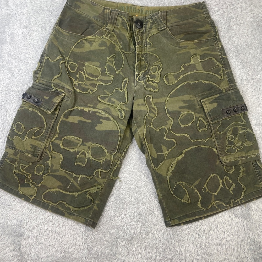 Affliction Premium Cargo Shorts Mens 30 Green Camo Skull Studded Y2K Goth Grunge